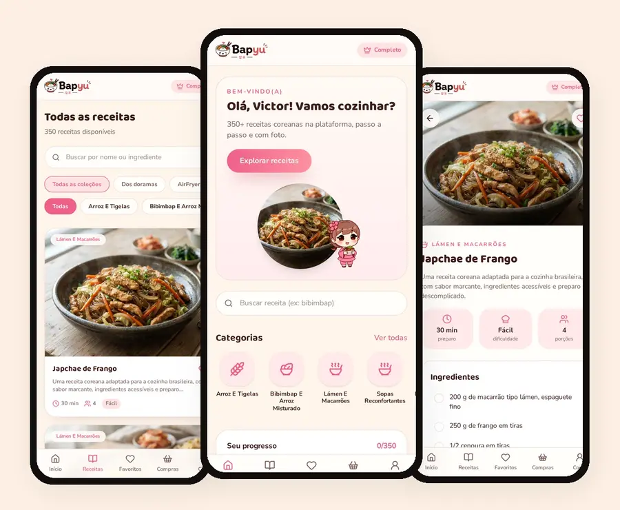 Telas reais da plataforma: lista de receitas, início e página de receita com ingredientes